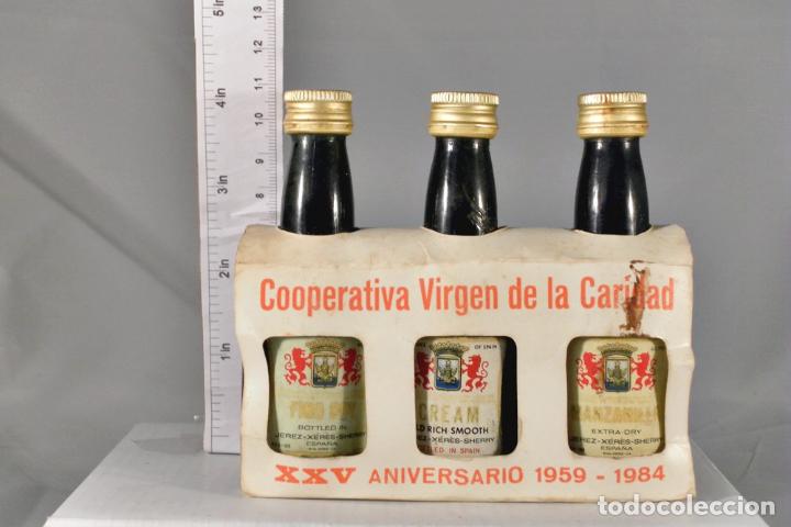 Collection of wines and liquors: BOTELLITA BOTELLIN LOTE DE 3 SHERRY COOPERATIVA VIRGEN DE LA CARIDAD 25 ANIVERSARIO 1984