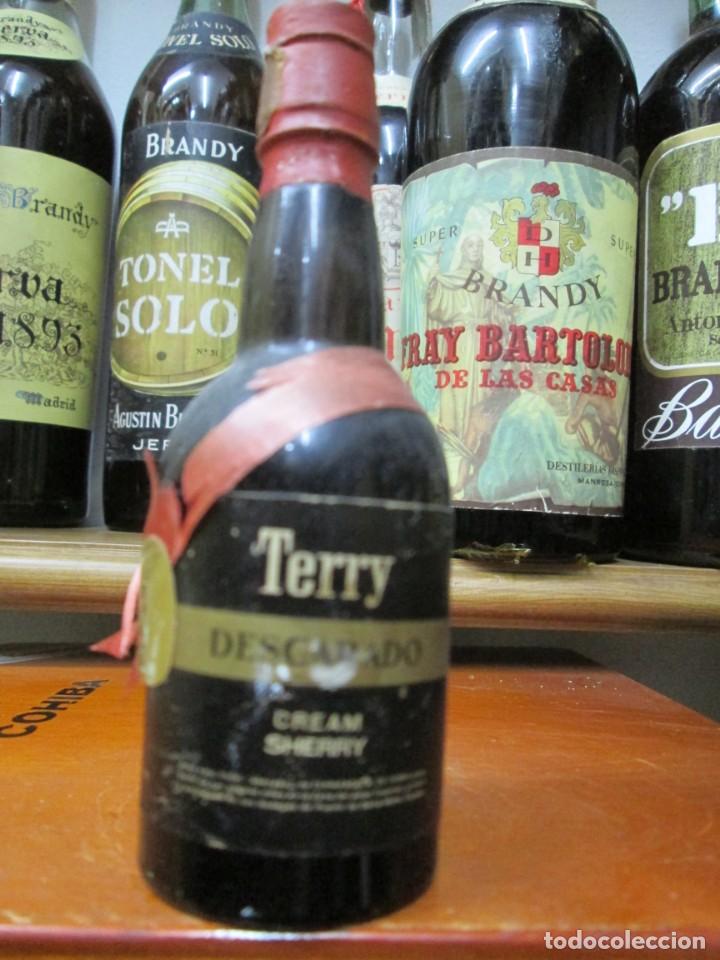 Coleccionismo de vinos y licores: ANTIGUO BOTELLIN BRANDY CO&Ntilde;AC, TERRY DESCARADO CREAM SHERRY 12 CM ALTURA