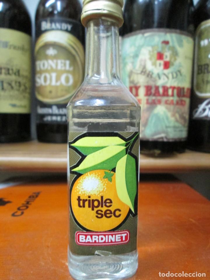 Coleccionismo de vinos y licores: ANTIGUO BOTELLIN BRANDY CO&Ntilde;AC, TRIPLE SEC BARDINET 12 CM ALTURA