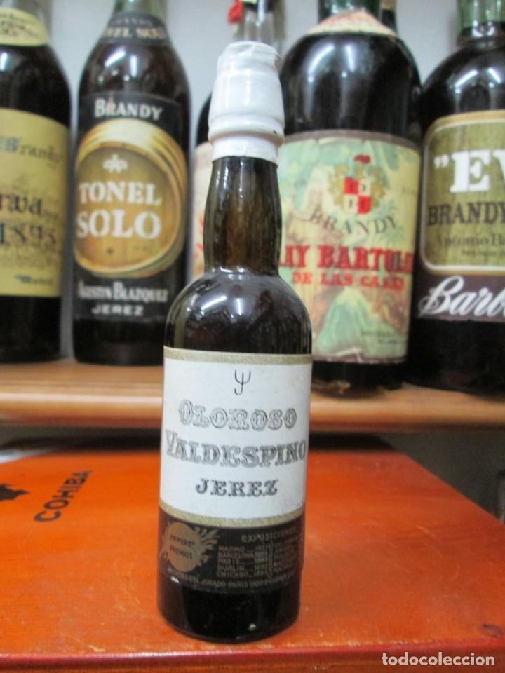 Coleccionismo de vinos y licores: ANTIGUO BOTELLIN BRANDY CO&Ntilde;AC, OLOROSO VALDESPINO 13 CM