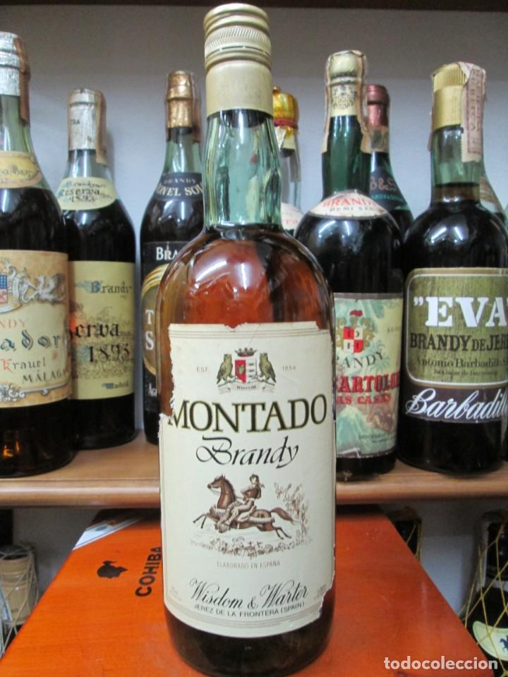 Coleccionismo de vinos y licores: ANTIGUA BOTELLA BRANDY CO&Ntilde;AC, MONTADO DE WISDOM Y WARTER ,DECADA 70-80