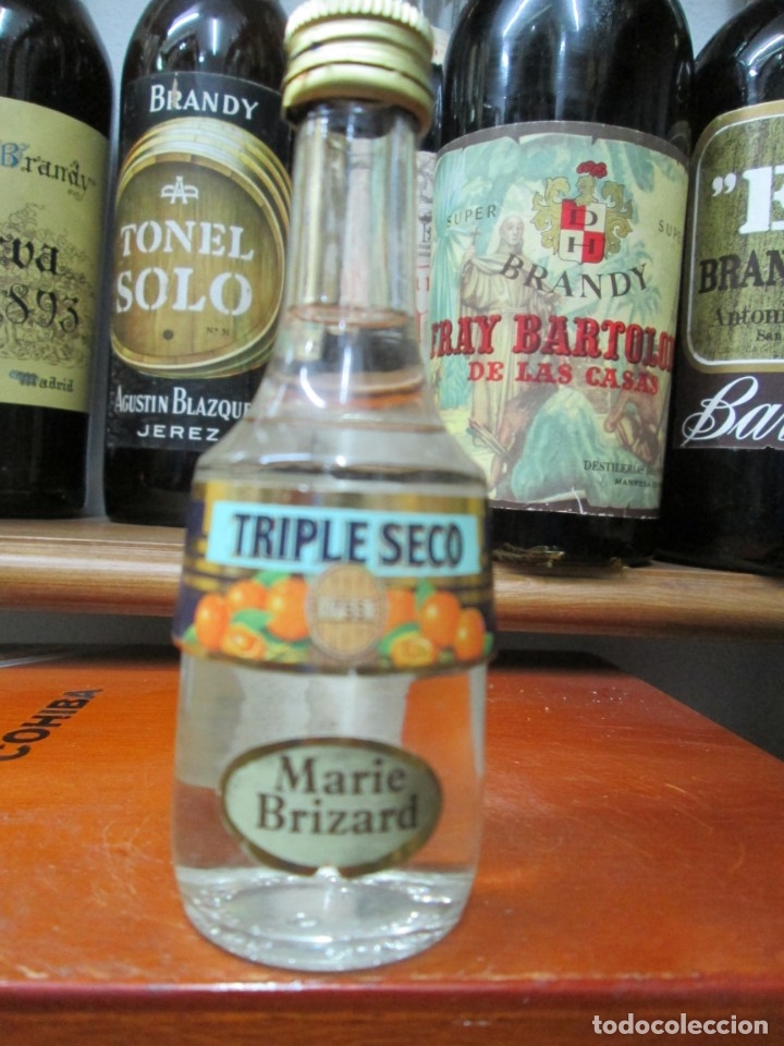 Coleccionismo de vinos y licores: ANTIGUO BOTELLIN BRANDY CO&Ntilde;AC, TRIPLE SECO DE MARIE BRIZARD