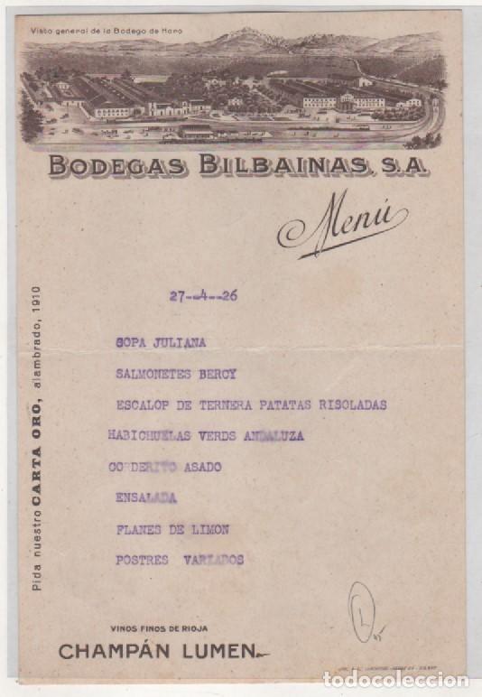 Coleccionismo de vinos y licores: Menu Bodegas Bilbainas. Vinos finos de rioja. Champan Lumen. Vista general de la bodega de Haro.