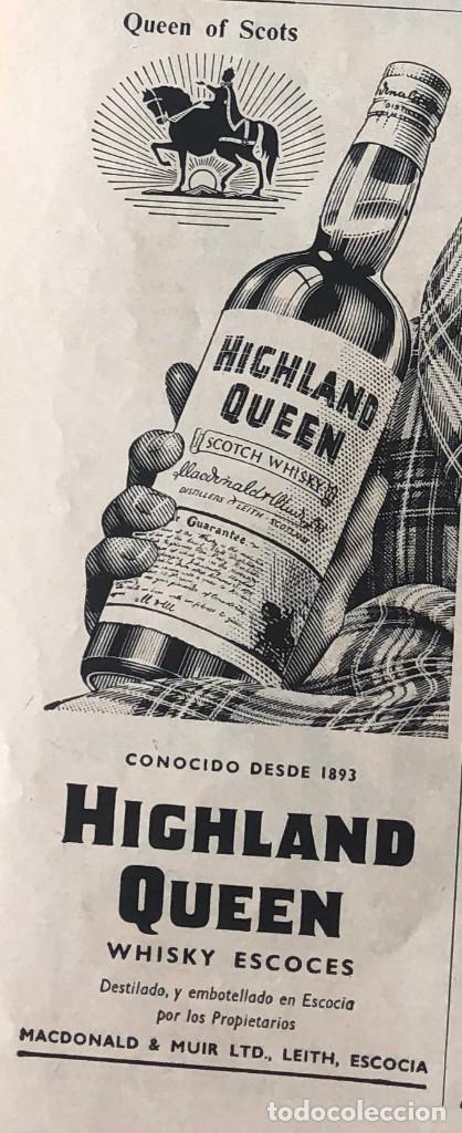 Coleccionismo de vinos y licores: Publicidad de prensa de whisky Highland Queen. Original a&ntilde;o 1954. 8 x 18 cm. Buen estado.
