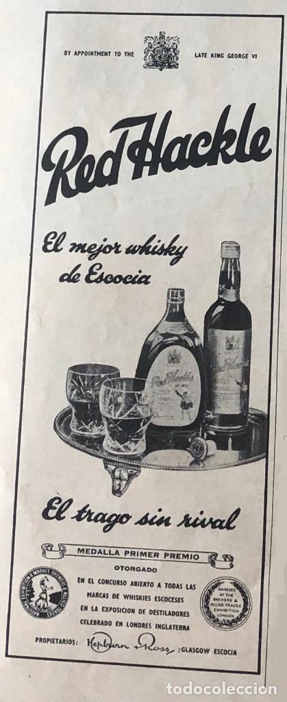 Coleccionismo de vinos y licores: Publicidad de prensa de whisky Red Hackle. Original a&ntilde;o 1954. 8 x 18 cm. Buen estado.