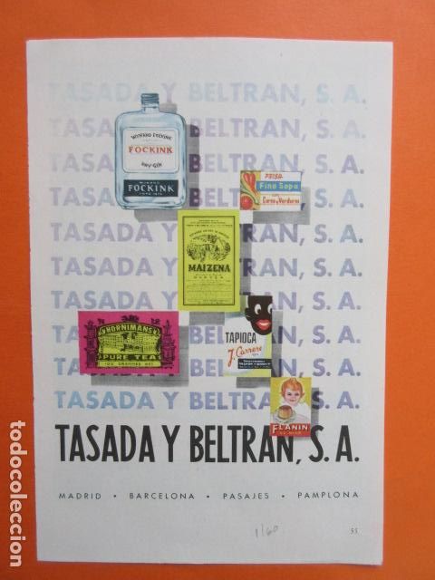 Coleccionismo de vinos y licores: PUBLICIDAD 1960 - GINEBRA FOCKING TASADA Y BELTRAN BARCELONA PASAJES - TAMA&Ntilde;O 13 X 18.5 CM