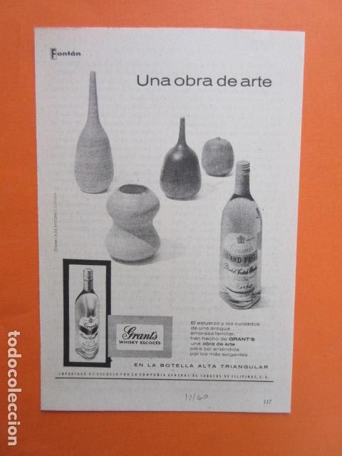 Sammlung von Weinen und Lik&ouml;ren: PUBLICIDAD 1960 - WHISKI ESCOCES GRANTS - TAMA&Ntilde;O 13 X 18.5 CM