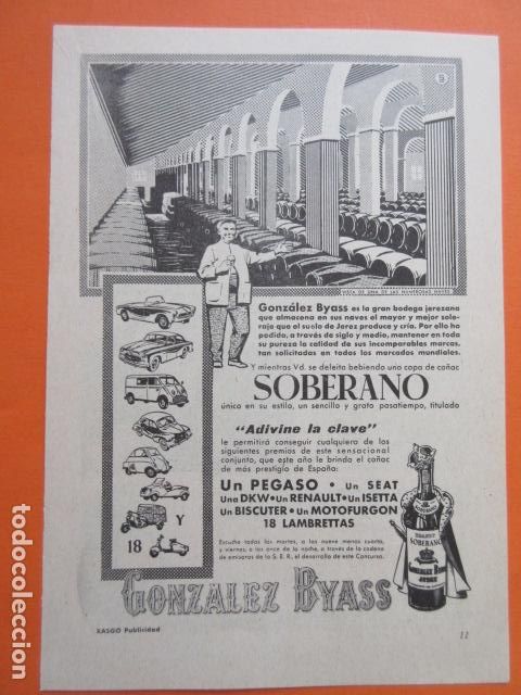 Coleccionismo de vinos y licores: PUBLICIDAD 1957 - COL. BEBIDAS - SOBERANO GONZALEZ BYASS JEREZ DE LA FRONTERA CADIZ PEGASO SEAT DKW