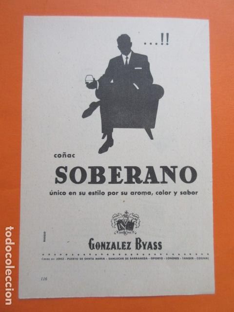 Coleccionismo de vinos y licores: PUBLICIDAD 1960 - COLECCION BEBIDAS - SOBERANO GONZALEZ BYASS JEREZ DE LA FRONTERA CADIZ