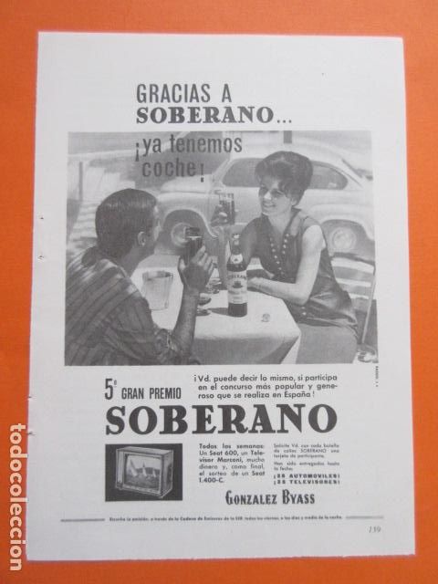 Coleccionismo de vinos y licores: PUBLICIDAD 1962 - COL. BEBIDAS - SOBERANO GONZALEZ BYASS JEREZ DE LA FRONTERA CADIZ SEAT 600 1400 C