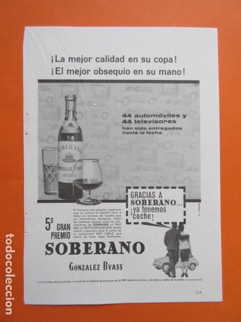 Coleccionismo de vinos y licores: PUBLICIDAD 1962 - COL. BEBIDAS - SOBERANO GONZALEZ BYASS JEREZ DE LA FRONTERA CADIZ SEAT 600 1400 C