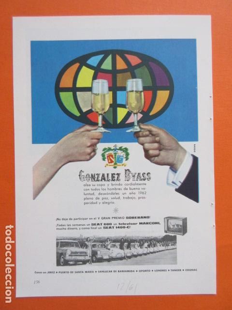 Coleccionismo de vinos y licores: PUBLICIDAD 1961 COL BEBIDAS - SOBERANO JEREZ DE LA FRONTERA CADIZ BODEGA SAN PATRICIO SEAT 600 1400