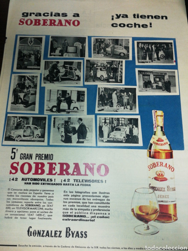 Coleccionismo de vinos y licores: (1961) BRANDY SOBERANO Y SEAT 600, PUBLICIDAD, GRAN FORMATO DE P&Aacute;GINA 37 X 27 CM