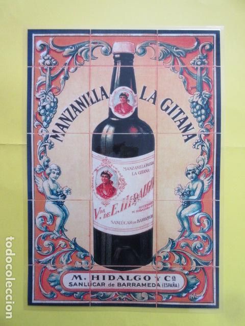 Coleccionismo de vinos y licores: CARTEL REPRODUCCION PUBLICIDAD SANLUCAR DE BARRAMEDA CADIZ MANZANILLA LA GITANA TAMA&Ntilde;O: 29 x 41 CM