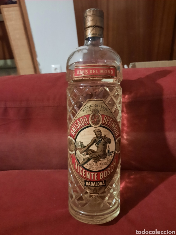 Coleccionismo de vinos y licores: Botella anis del Mono tap&oacute;n corcho plomo dorado muy antigua. Sin abrir