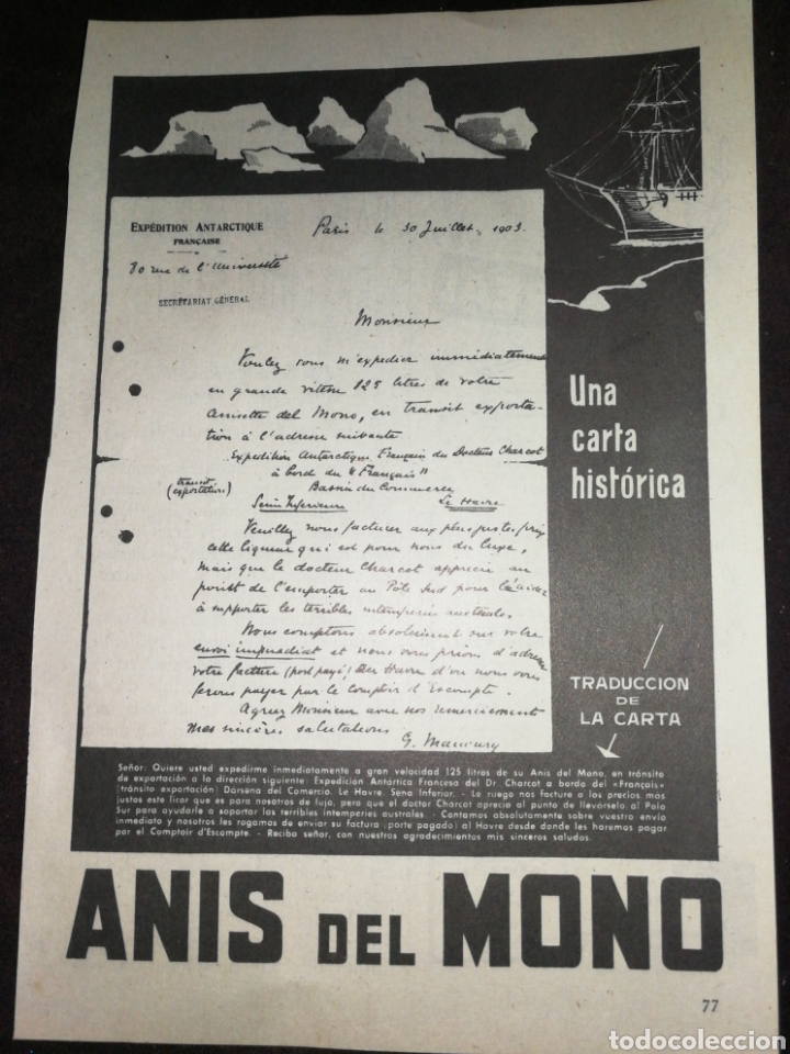 Coleccionismo de vinos y licores: ANIS DEL MONO, ANTIGUA PUBLICIDAD A&Ntilde;O 1957.