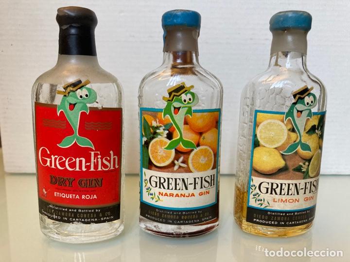 Coleccionismo de vinos y licores: 3 Botellines Ginebra Green Fish. Cartagena. 10 cm. Naranja, Lim&oacute;n y Etiqueta roja