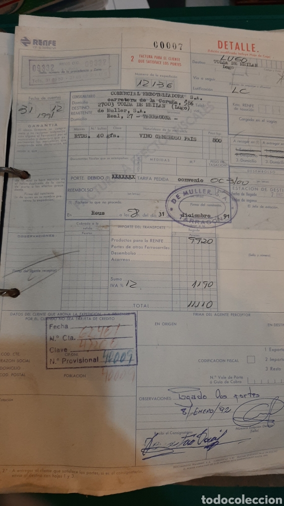 Collection of wines and liquors: RENFE 1992 FACTURA DESDE TARRAGONA A LUGO VINO GENEROSO PAIS
