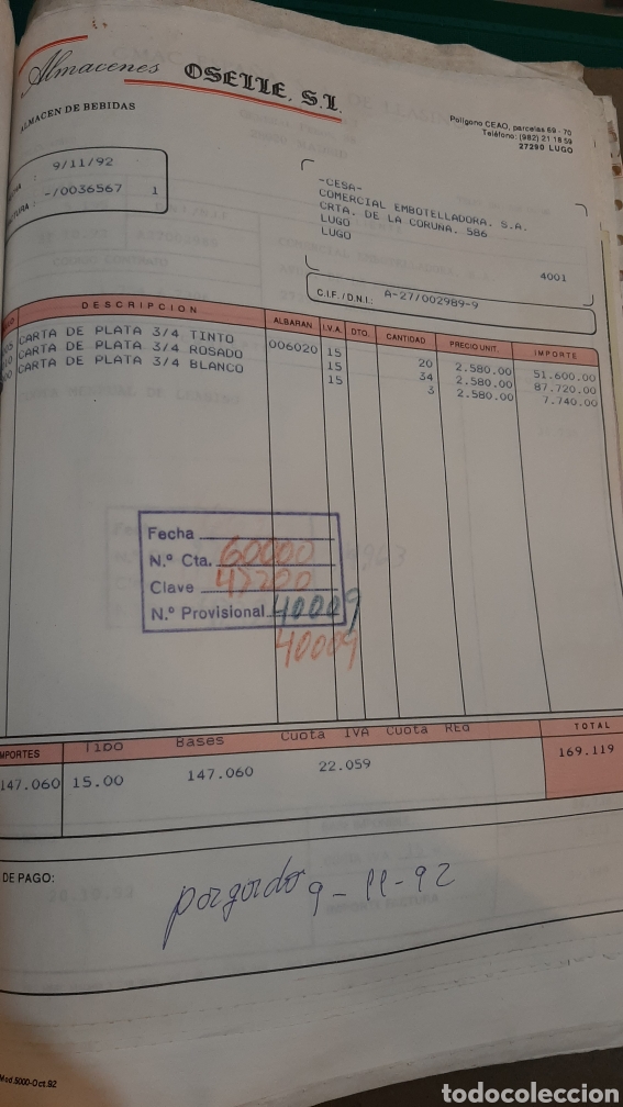 Sammlung von Weinen und Lik&ouml;ren: ALMACENES OSELLE VINOS FACTURA ALMAC&Eacute;N BEBIDAS