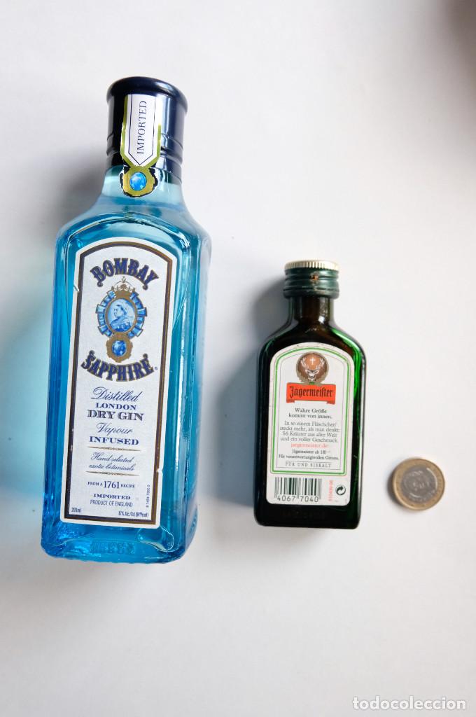 Collection of wines and liquors: BOTELLA JAGERMEIFTER MAST 41 ML AG GERMANY + BOMBAY SAPPHIRE DRY GIN 200 M. LLENAS