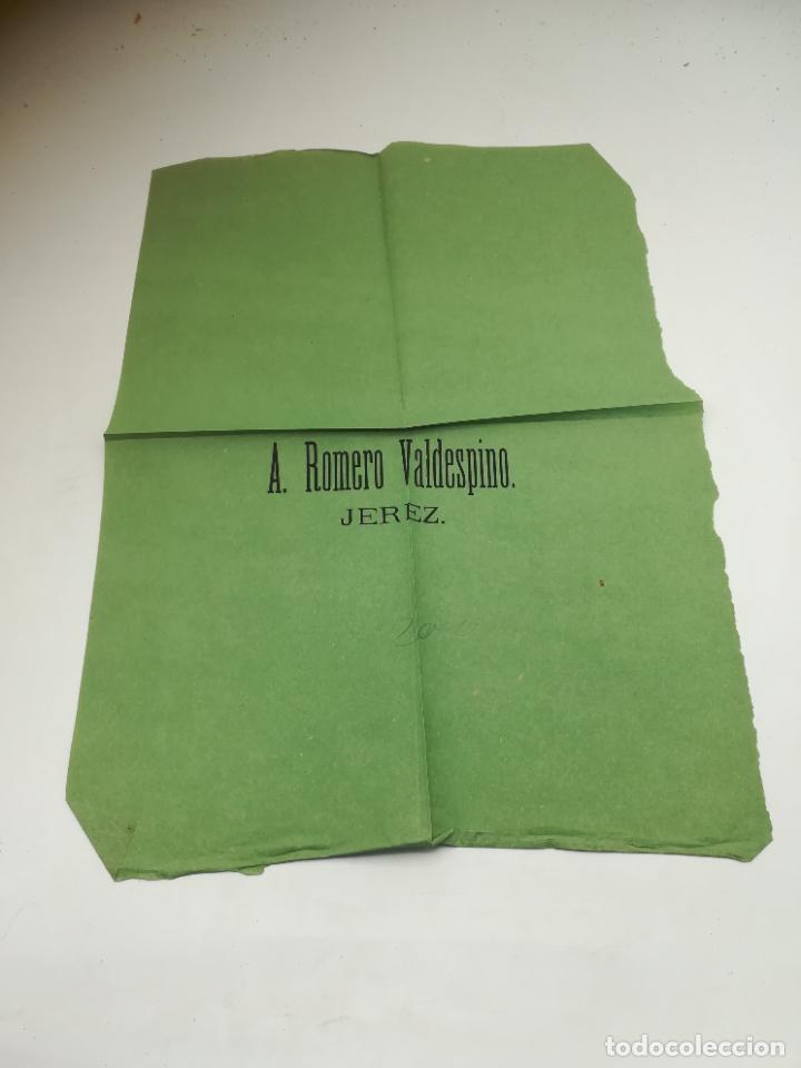 Sammlung von Weinen und Lik&ouml;ren: ANTIGUO PAPEL PARA EMPAPELAR BOTELLAS. PUBLICIDAD A. ROMERO VALDESPINO. JEREZ. VER