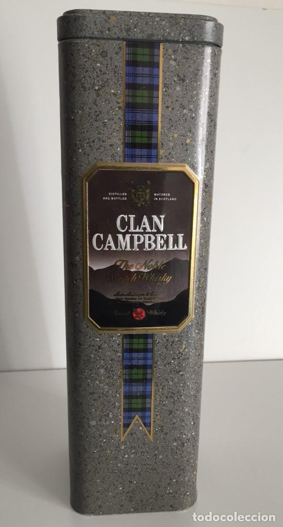 Coleccionismo de vinos y licores: ESTUCHE METAL WHISKY CLAN CAMPBELL VAC&Iacute;O 30X8CM.