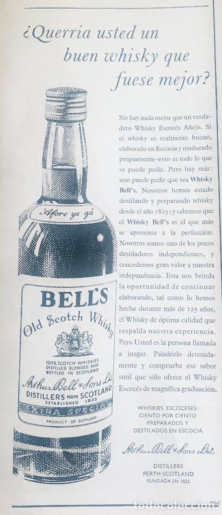 Coleccionismo de vinos y licores: Publicidad en prensa, whisky Bell's. Revista original 1954. 16 x 36 cm. Buen estado.