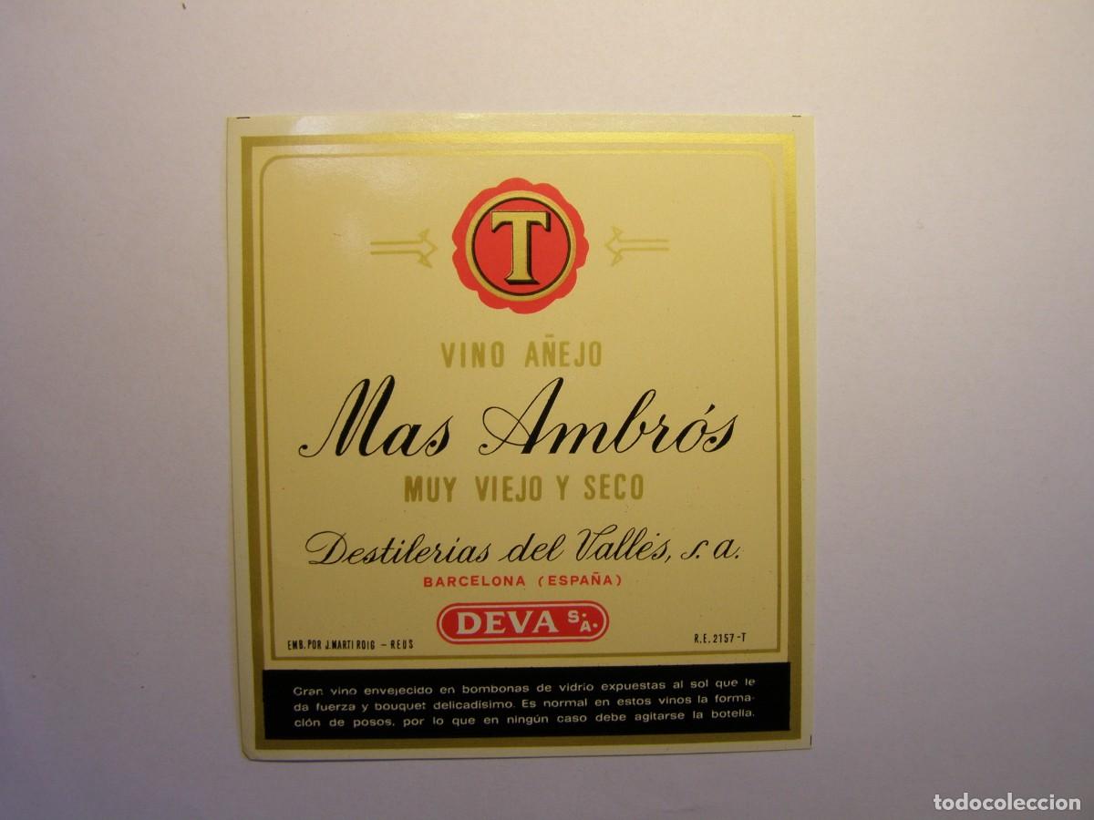 Coleccionismo de vinos y licores: Etiqueta antigua de vino a&ntilde;ejo Mas Ambr&oacute;s. Barcelona.