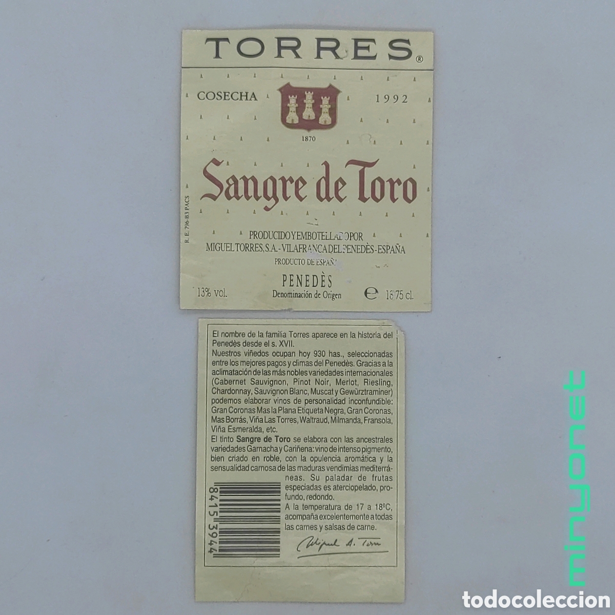 Coleccionismo de vinos y licores: Etiquetas de Vino Sangre de Toro - Torres