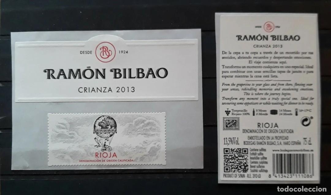 Coleccionismo de vinos y licores: 2 ETIQUETAS DE VINO RAM&Oacute;N BILBAO. CRIANZA 2013. RIOJA. NUEVAS.