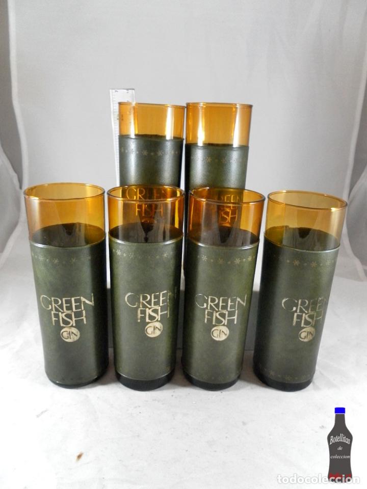 Collection of wines and liquors: LOTE DE 6 VASOS DE TUBO FORRADOS EN CUERO O SIMILAR GIN GREEN FISH CARTAGENA