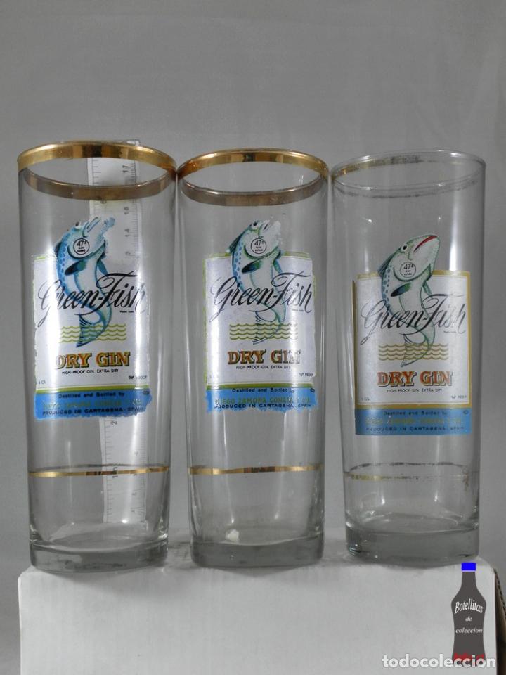 Sammlung von Weinen und Lik&ouml;ren: LOTE DE 3 VASO DE TUBO DRY GIN GREEN FISH CARTAGENA DIEGO ZAMORA