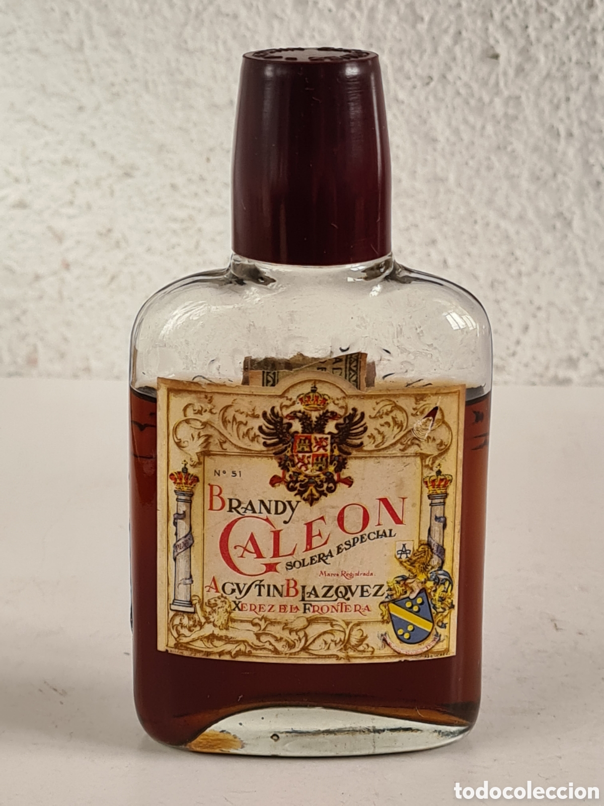 Coleccionismo de vinos y licores: Botella Petaca Brandy Gale&oacute;n Solera Especial Agust&iacute;n Bl&aacute;zquez Jerez de la Frontera C&aacute;diz - Licor