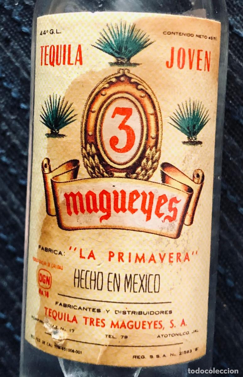 Coleccionismo de vinos y licores: Botellita o botell&iacute;n de tequila 3 Mag&uuml;eyes. Jalisco, M&eacute;xico. A&ntilde;os 70. Cerrada.