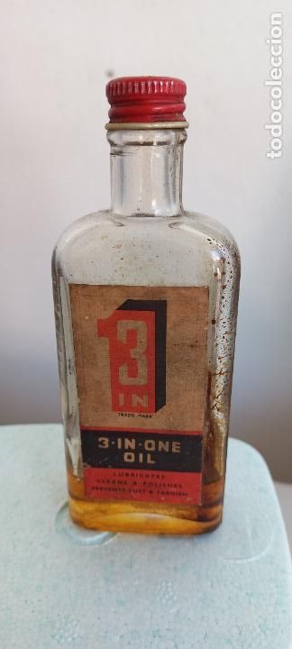 Coleccionismo de vinos y licores: ANTIGUA BOTELLA CRISTAL ACEITE 3 EN 1 OIL. 3-IN-ONE-OIL LUBRICATES. VINTAGE TAPON ROJO
