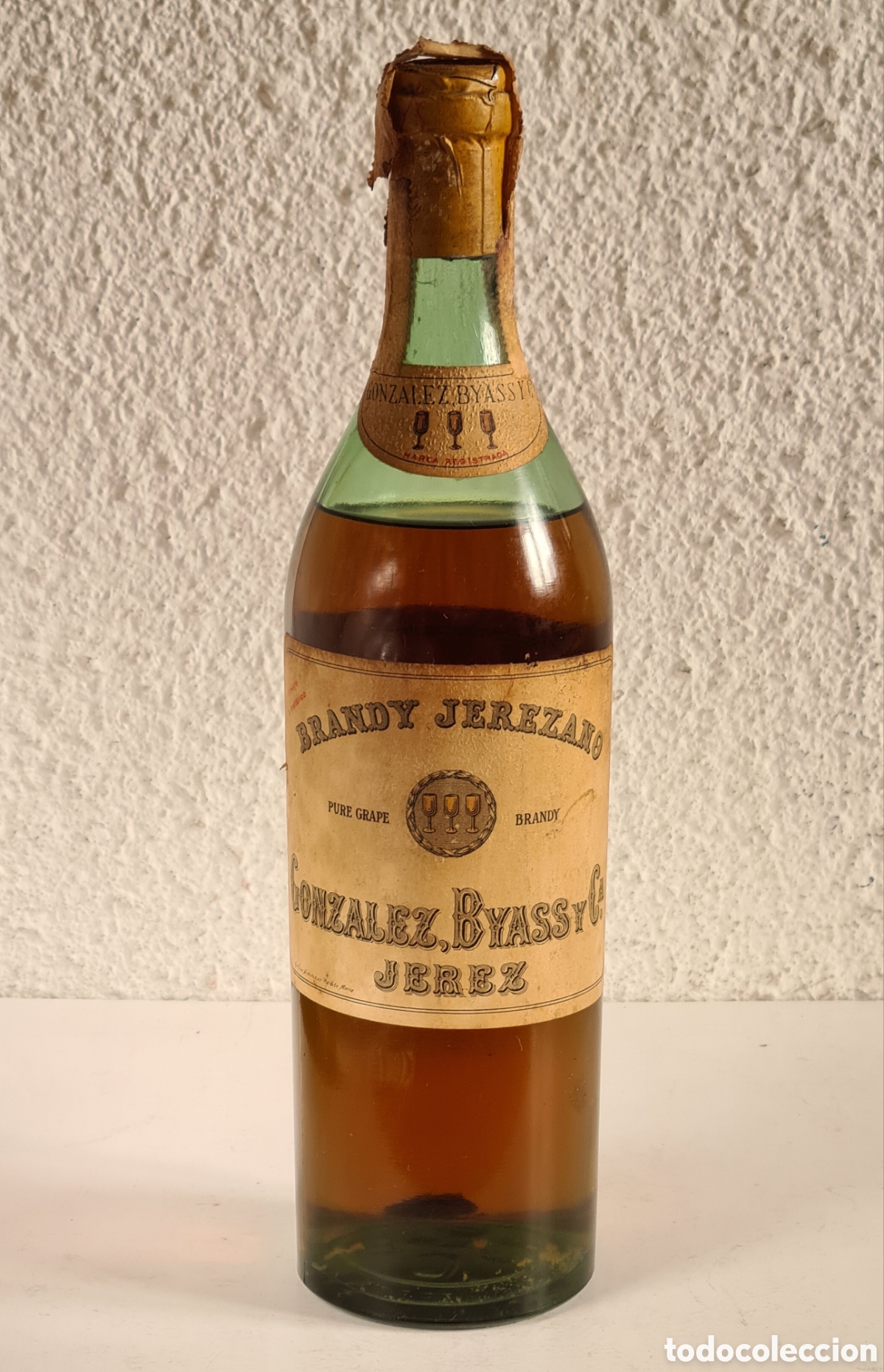 Coleccionismo de vinos y licores: Botella Brandy Jerezano 3 Copas Gonz&aacute;lez Byass y C&iacute;a Jerez - Licor Co&ntilde;ac Puerto Santa Maria C&aacute;diz