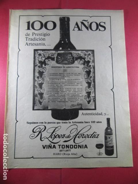 Coleccionismo de vinos y licores: PUBLICIDAD 1977 - REF: TRI_04_PUB -LEEINT- VINO - RIOJA - R. LOPEZ HEREDIA HARO VI&Ntilde;A TONDONIA