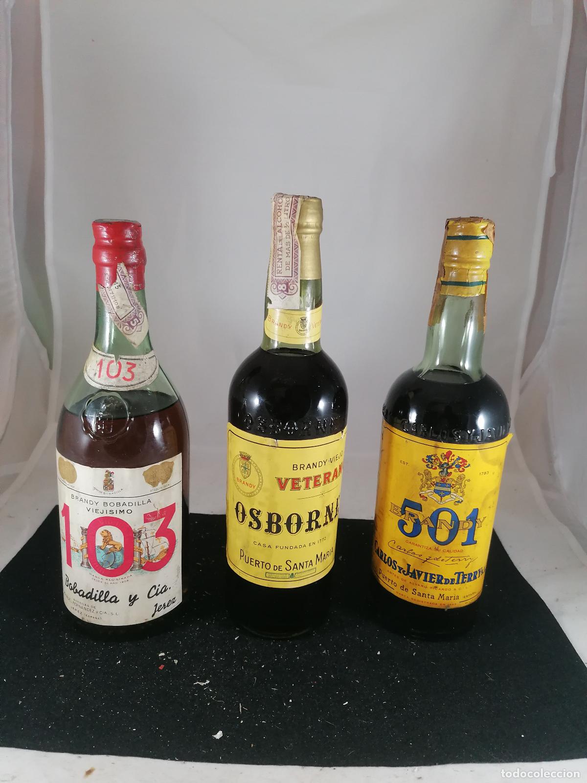 Sammlung von Weinen und Lik&ouml;ren: 3 BOTELLAS BRANDY - 103 VIEJISIMO - 501 TERRY - VETERANO OSBORNE CORCHO 3/4 0.7 LITROS 80 CENTIMOS
