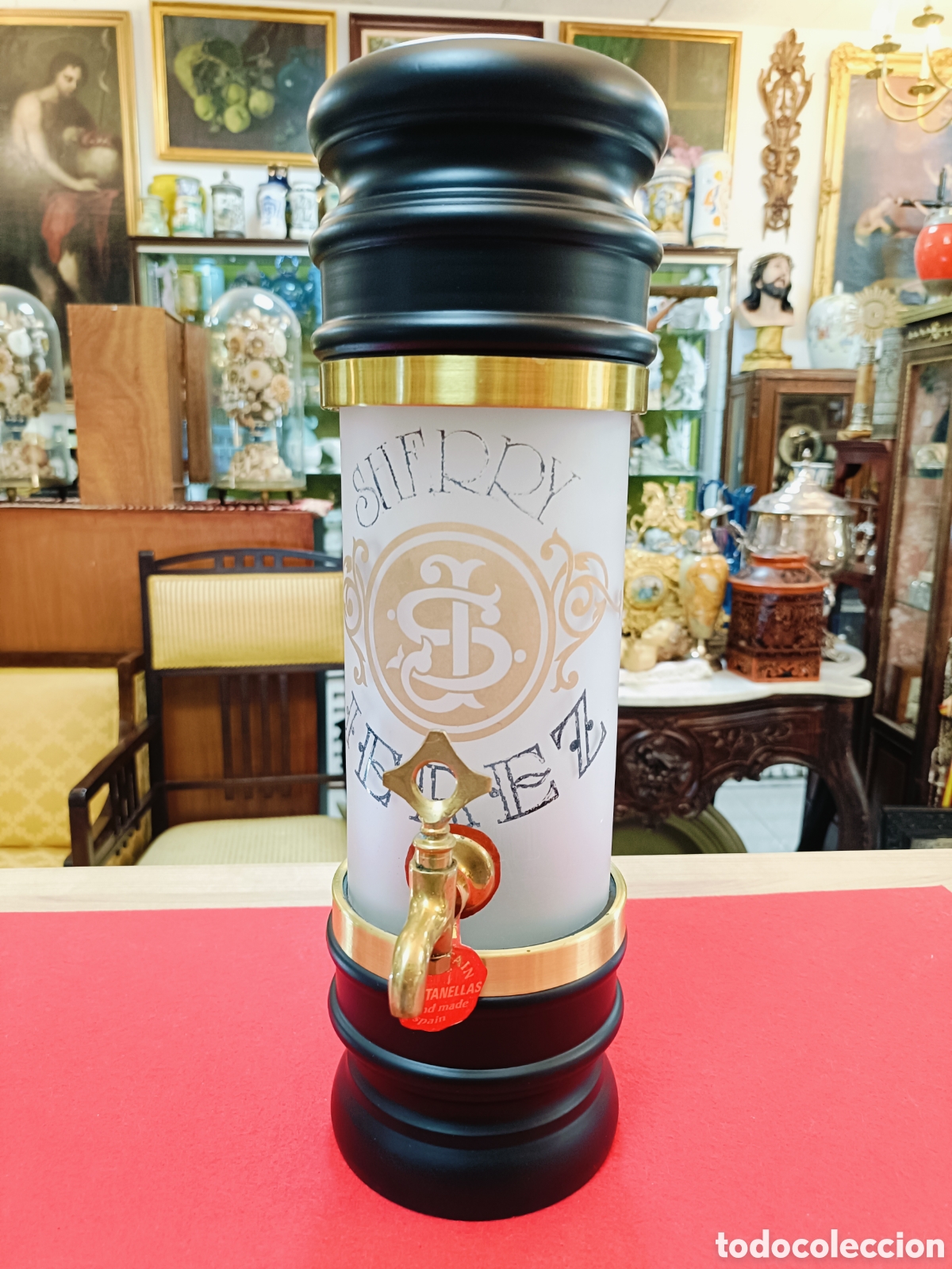 Coleccionismo de vinos y licores: ANTIGUA BOTELLA DISPENSADORA CON GRIFO . MADERA Y CRISTAL. SHERRY JEREZ