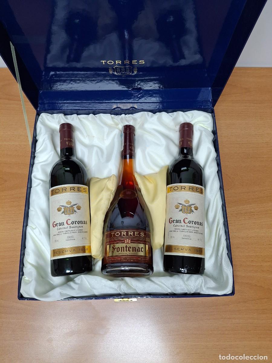 Coleccionismo de vinos y licores: Estuche Bodegas Torres Brandy Fontenac + Tinto Gran Coronas 1988