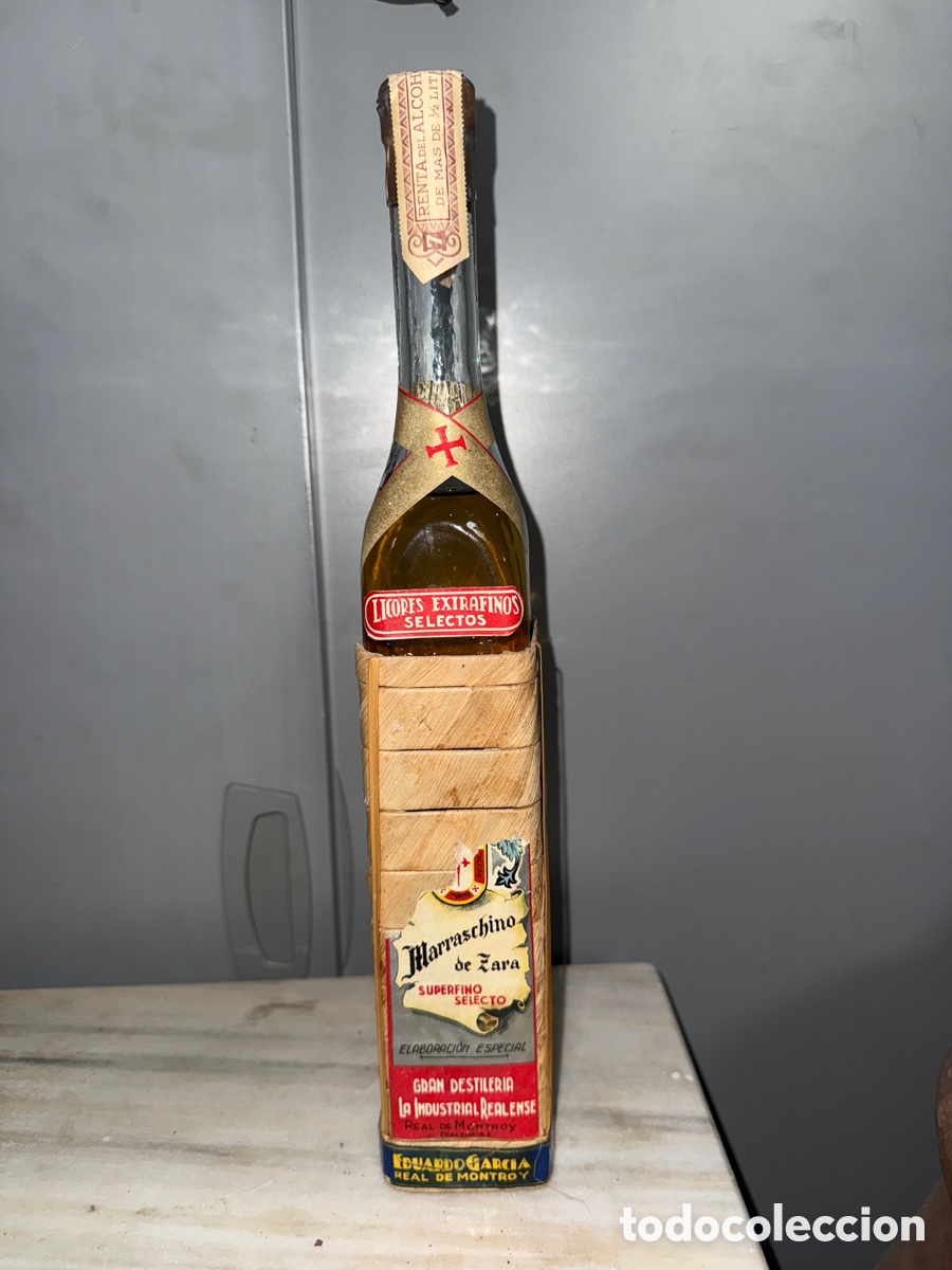 Sammlung von Weinen und Lik&ouml;ren: Licor antiguo marraschino de Zara superfino selecto sin abrir Valencia precinto 7 pesetas
