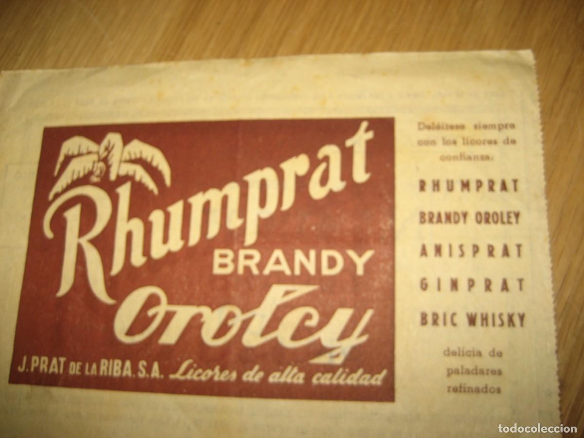 Coleccionismo de vinos y licores: Billete loteria de Navidad 1950 Publicidad de Rhumprat Brandy Oroley licores Prat de la Riba