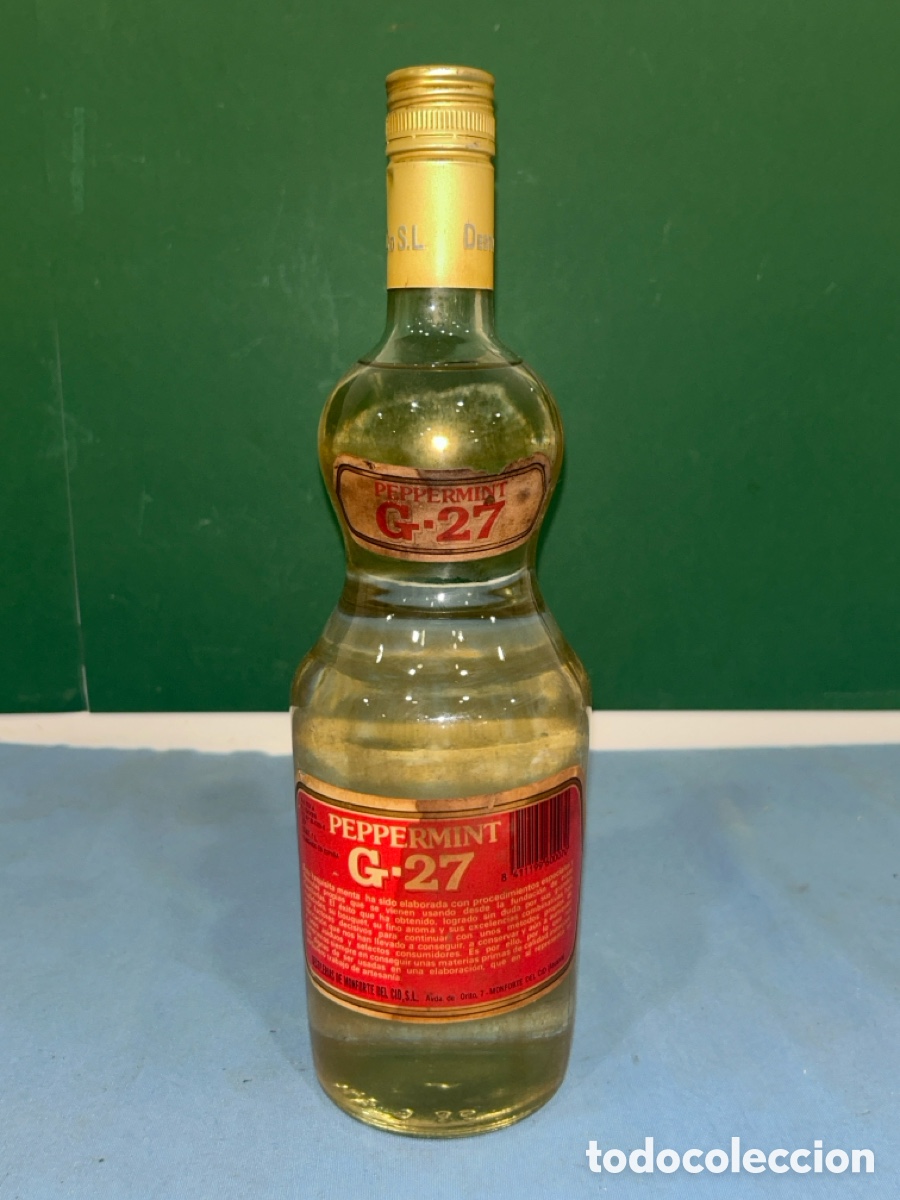 Collection of wines and liquors: ANTIGUA BOTELLA DE LICOR PEPPERMINT G-27 DESTILERIAS MONFORTE DEL CID *SIN ABRIR* *VER FOTOS*