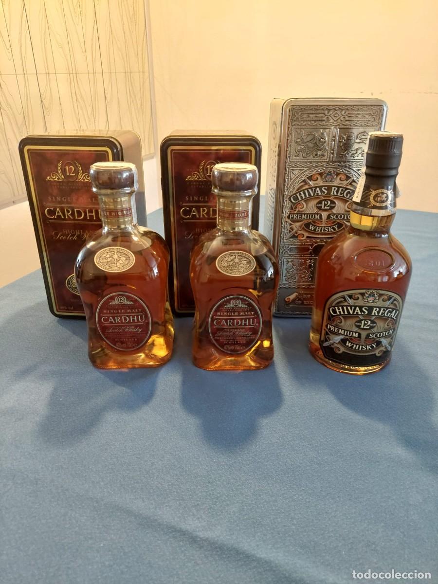 Collection of wines and liquors: Whisky Chivas 12 Especial 200 Aniversario + 2x Cardhu 12. Lote Cajas Met&aacute;licas Impecables