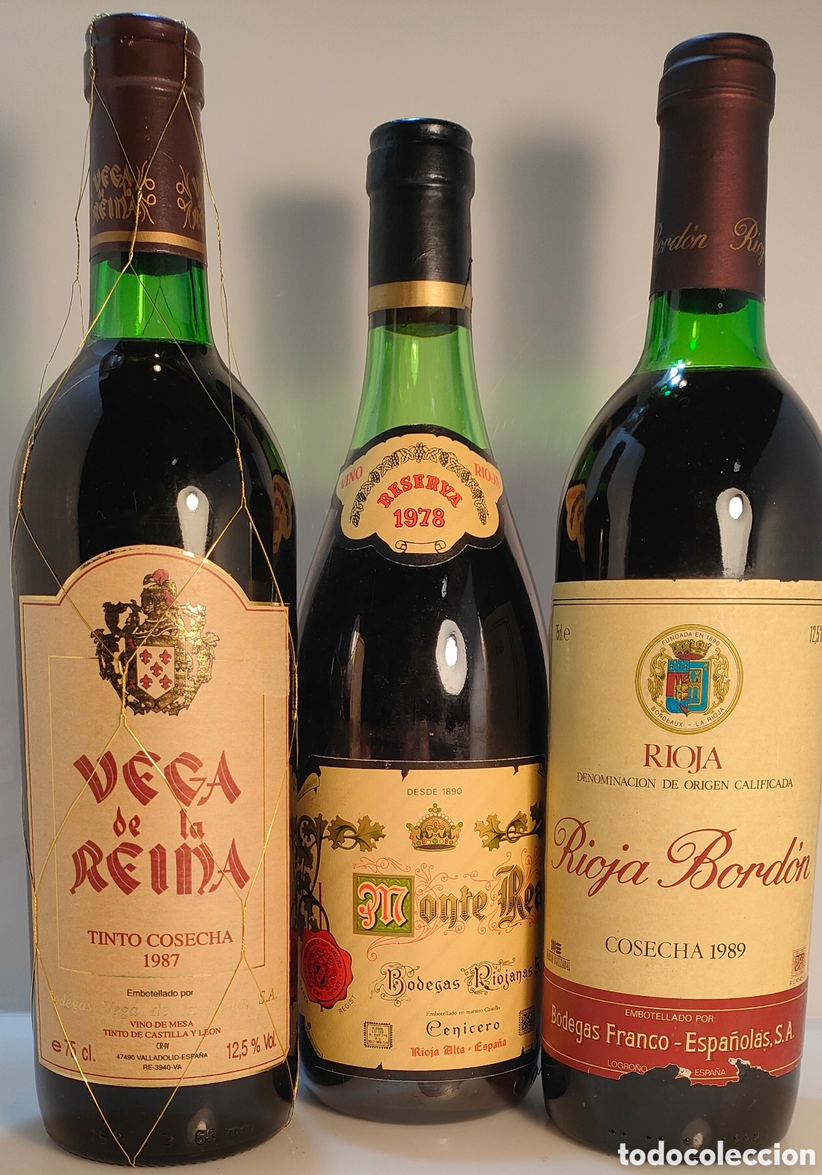 Colecionismo de vinhos e licores: 1987 Vega de la Reina Crianza - Monte Real 1978 Reserva - Rioja Bord&oacute;n 1989 Reserva