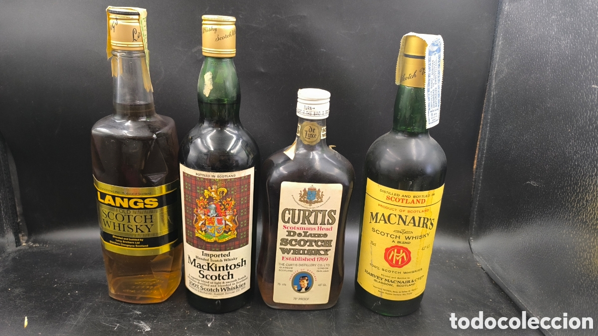 Coleccionismo de vinos y licores: Lote 4 botellas antiguas Scotch Whisky: Langs, Mackintosh, Curtis y MacNair's a&ntilde;os 70