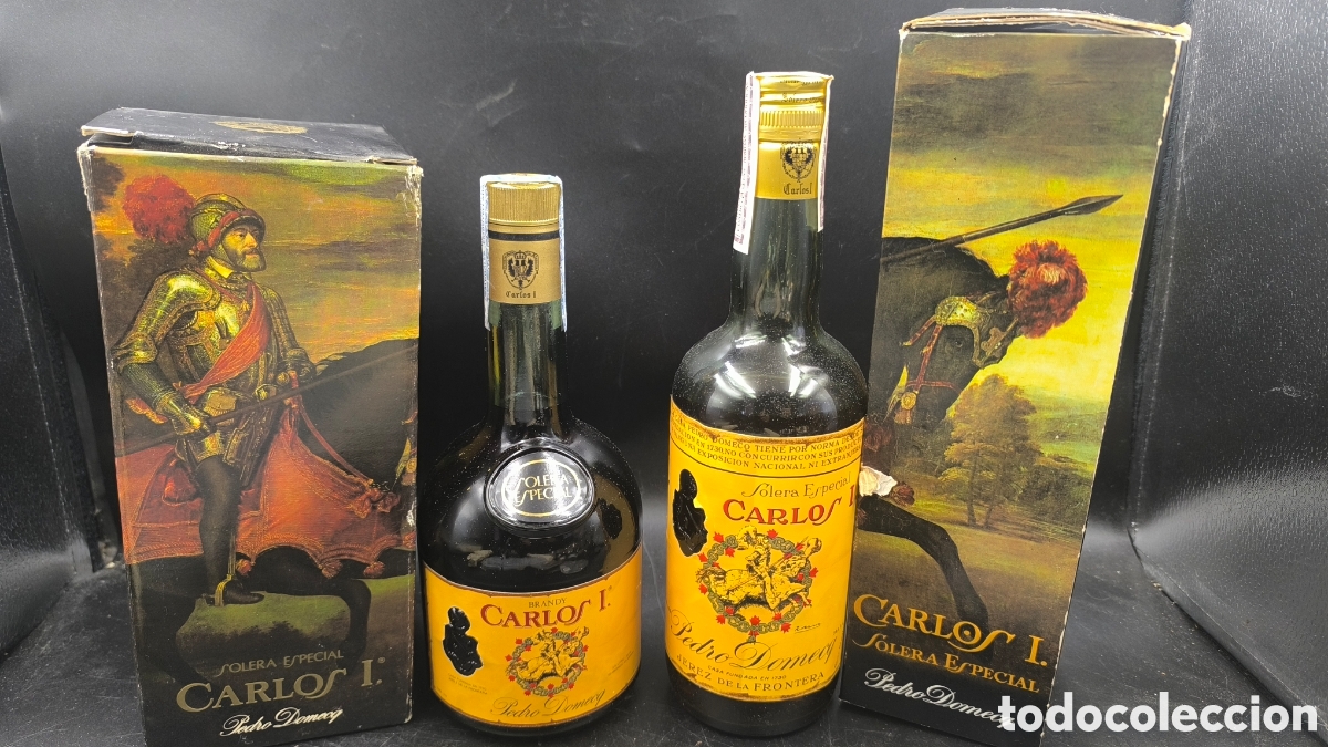 Coleccionismo de vinos y licores: Brandy Carlos I pedro domecq precintadas 4 y 8 pesetas. A&ntilde;os 50/60 y a&ntilde;os 60/70
