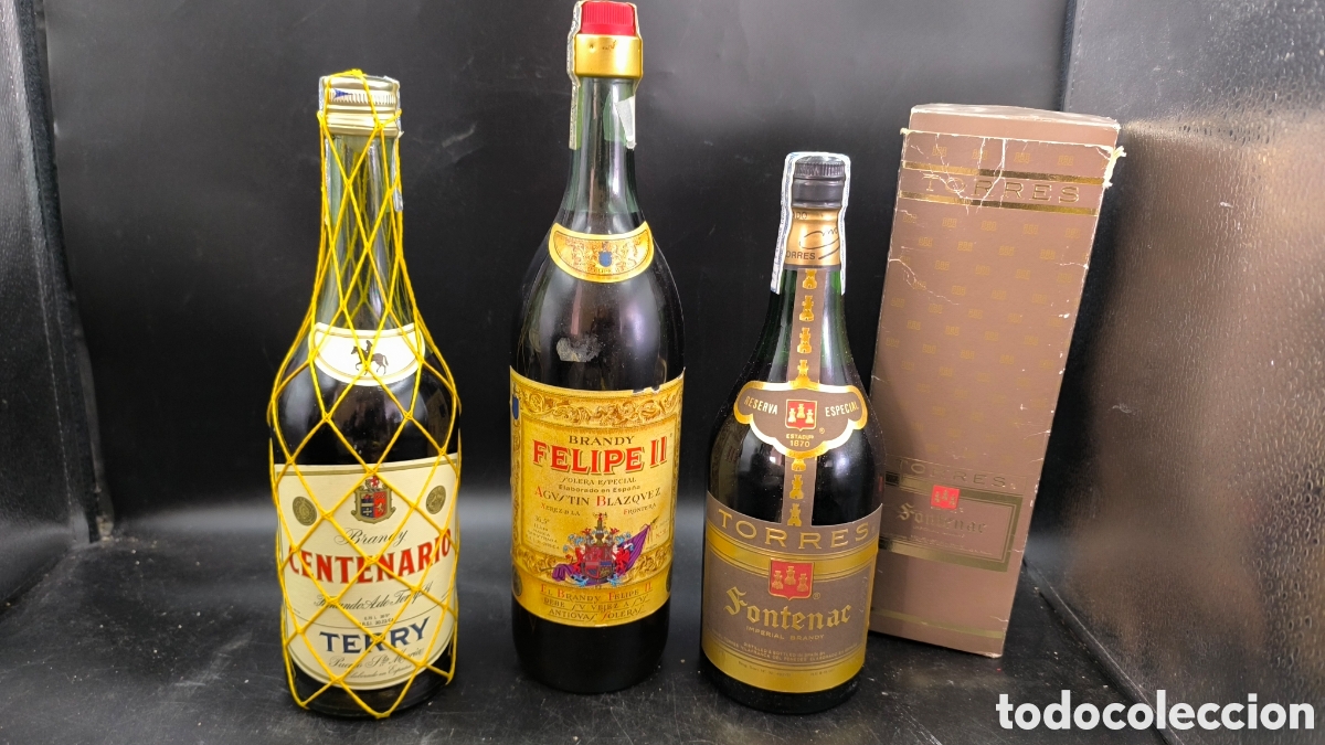 Coleccionismo de vinos y licores: Colecci&oacute;n brandys antiguos. Felipe II de 1 litro, Torres Fontenac y Terry centenario. Precintadas