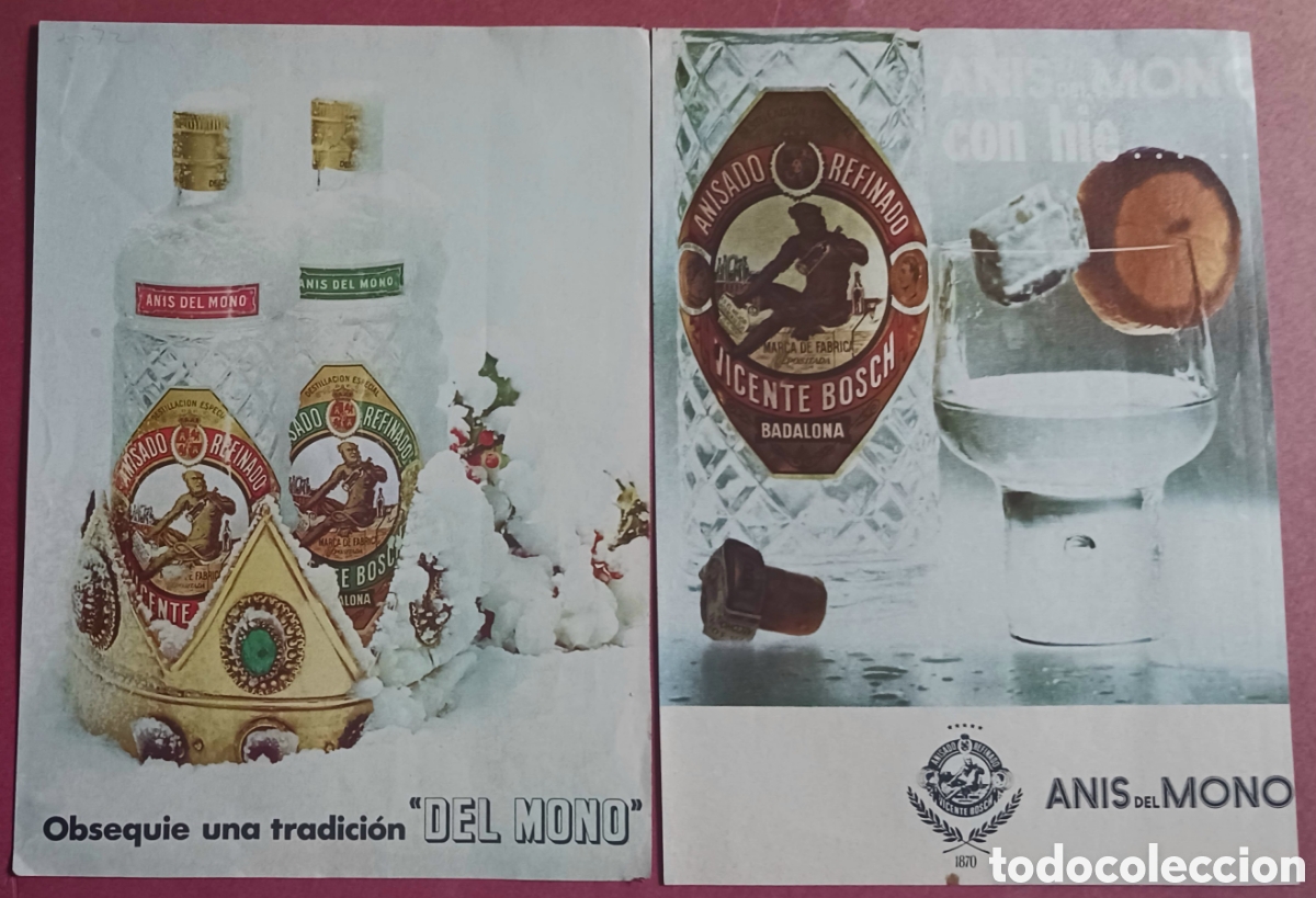 Coleccionismo de vinos y licores: 2 hojas de Publicidad ANIS del MONO. 13 x 18,4 cms. a&ntilde;os 60-70.. Vell i Bell.