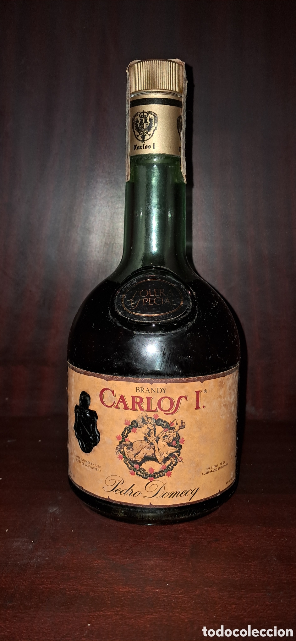 Coleccionismo de vinos y licores: Antigua Botella Brandy Carlos I Pedro Domecq - Precinto 4 Pesetas - Con Caja y Folleto Original